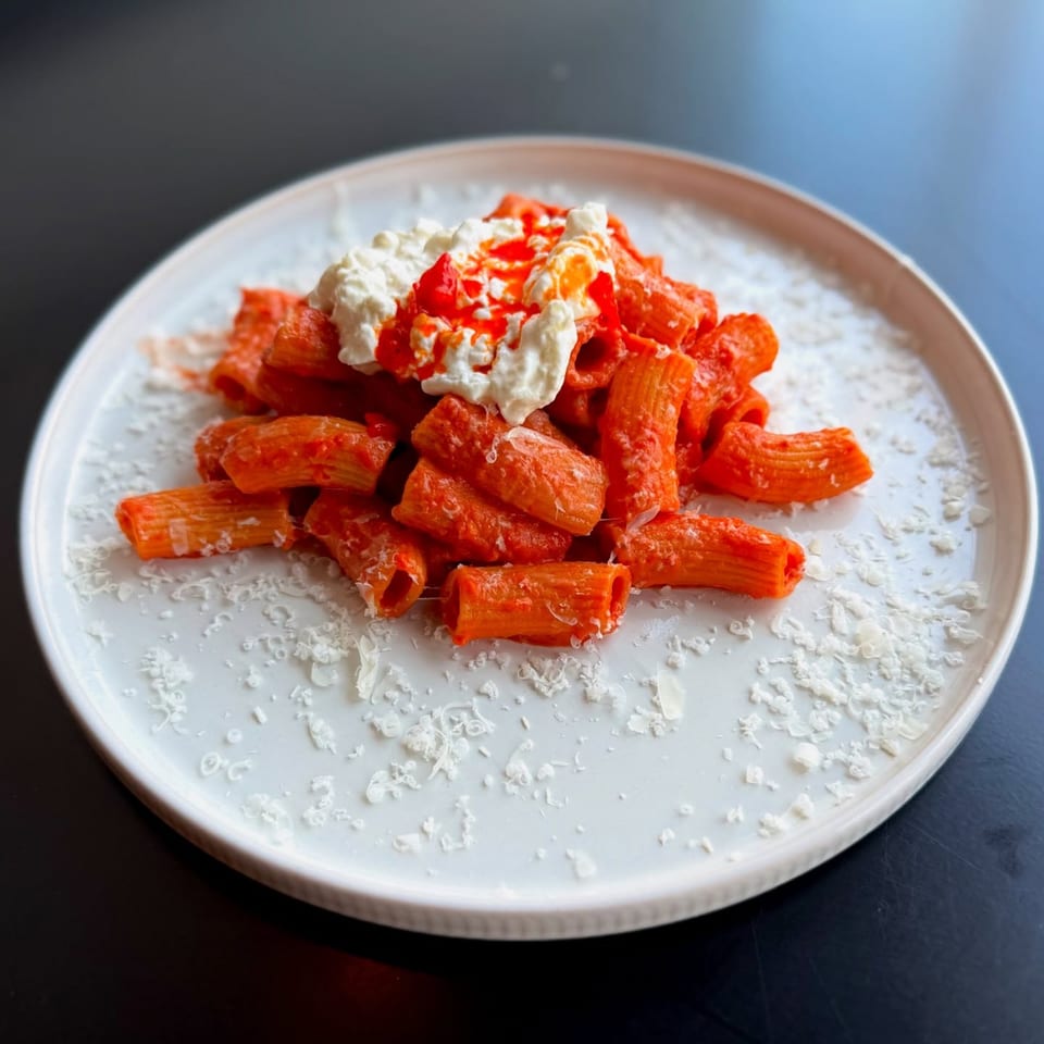 Rigatoni pasta in red sauce, topped with white ricotta cheese and red chili oil, on a white plate.