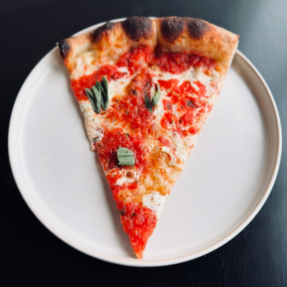 A single slice of pizza with red sauce, white cheese, and basil on a white plate.